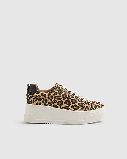 Brown Leather Animal Print platform Trainers