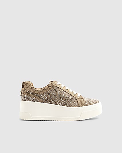 Beige Monogram Diamante Lace Up Trainers