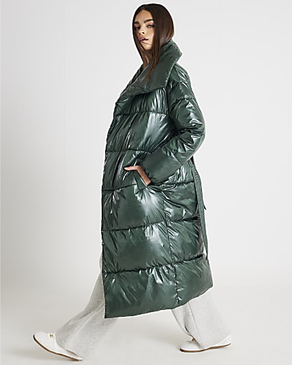 Green High Shine Longline Padded Coat