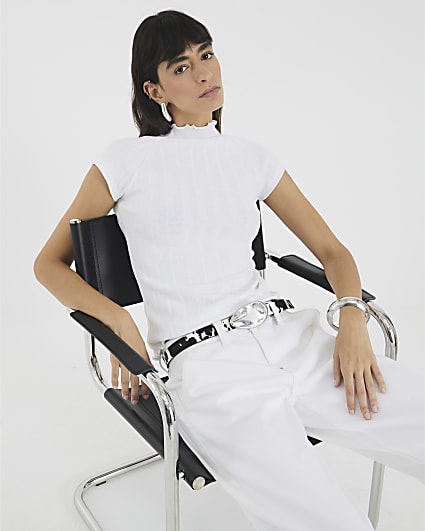 White Short Sleeve Wide Ribbed Top