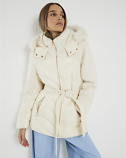 Cream Faux Fur Hooded Panelled Padded Jacket