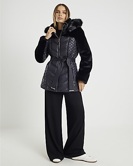 Black Faux Fur Hooded Panelled Padded Jacket