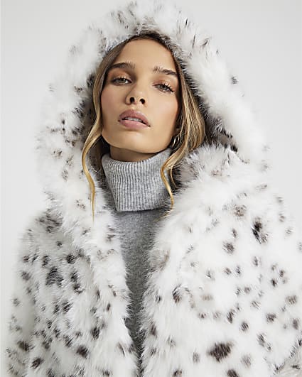 White Animal Print Hooded Faux Fur Coat