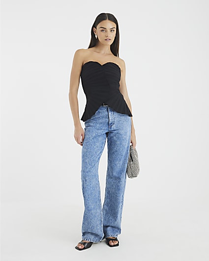 Black Plisse Detail Bandeau Top
