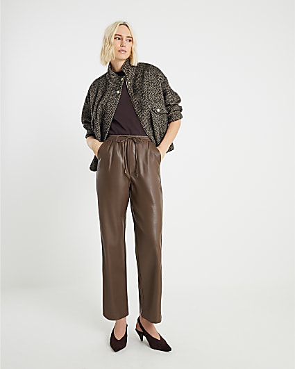 Brown Faux Leather Elasticated Waist Trousers