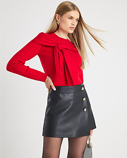 Black  Faux Leather Asymmetric Skort