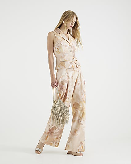 Pink Floral Linen Blend Wide Leg Trousers
