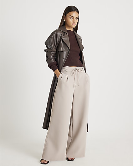 Beige Tie Waist Wide Leg Trousers