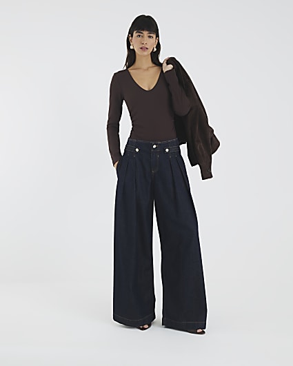 Brown Long Sleeve Ruched Side Bodysuit