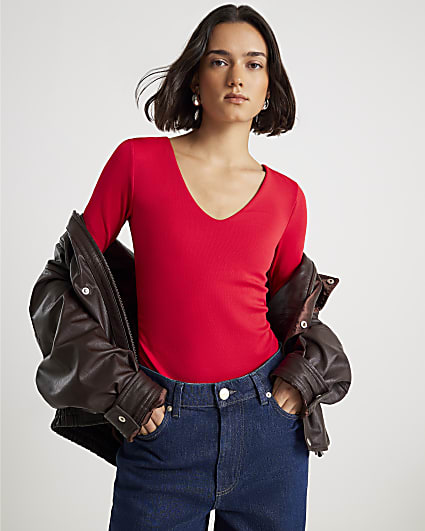 Red Long Sleeve V Neck Ruched Side Bodysuit