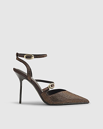 Brown Asymmetric Strap Diamante Court Heels