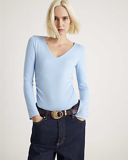 Blue Long Sleeve V Neck Ruched Side Bodysuit