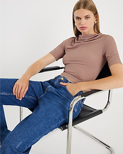 Beige Short Sleeve High Neck Drape Top