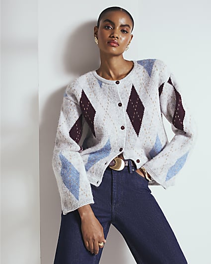 Grey Knitted Argyle Print Cardigan