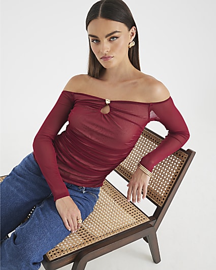 Red Long Sleeve Ruched Mesh Bardot Top