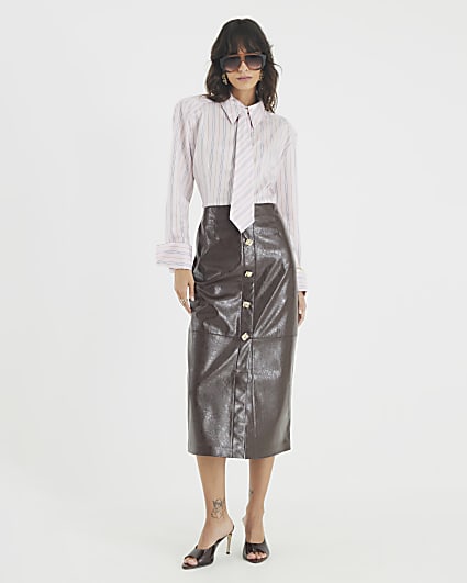 Brown Faux Leather Square Button Midi Skirt