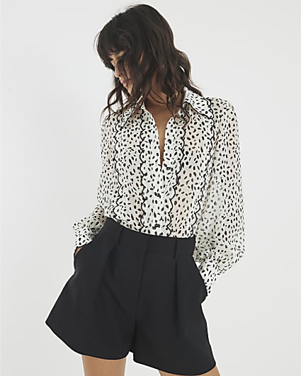 Cream Chiffon Spot Print Scallop Trim Shirt