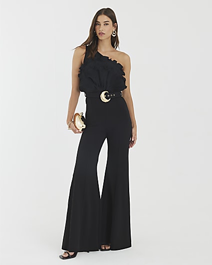 Black 3D Ruffle Belted One Shoulder Jumpsuit