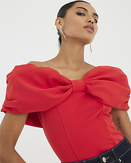 Red 3D Bow Bardot Top