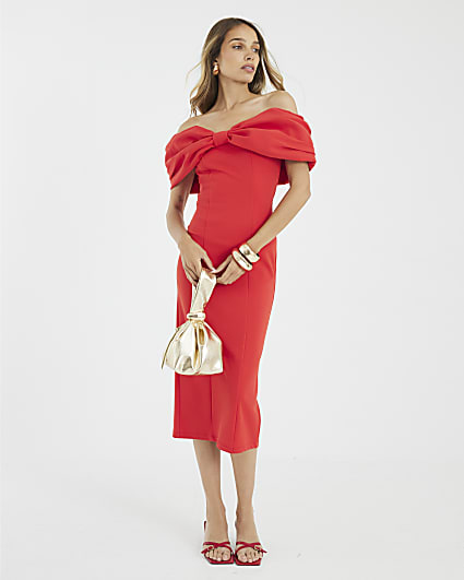 Red Bardot Bow Detail Bodycon Midi Dress