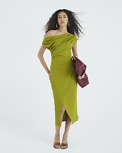 Green Asymmetric Draped Wrap Midi Dress