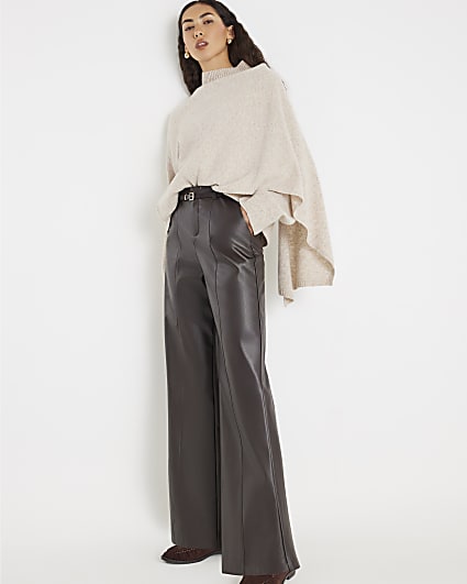 Brown Faux Leather Belted Wide Leg Trousers