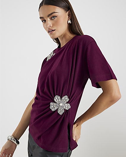 Red Short Sleeve Diamante Flower T-shirt