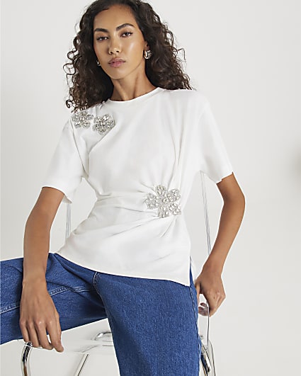 White Short Sleeve Diamante Flower T-shirt