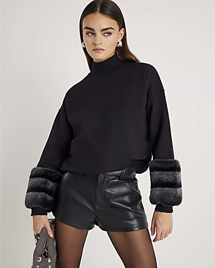 Black Faux Fur Cuff Sweatshirt