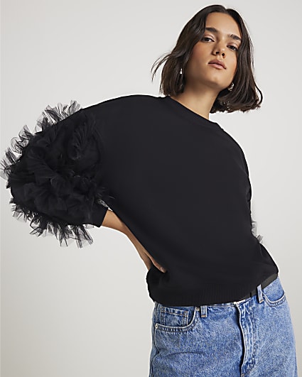 Black Long Sleeve Ruffle Sweatshirt