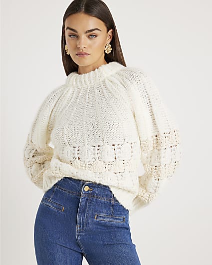 White Pointelle Knitted Bow Back Jumper