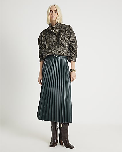 Green Belted Pleated Midi Skirt