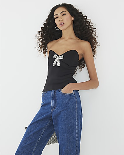 Black Diamante Bow Bandeau Top