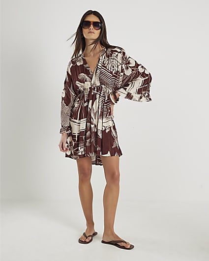Brown Floral Printed Mini Beach Dress