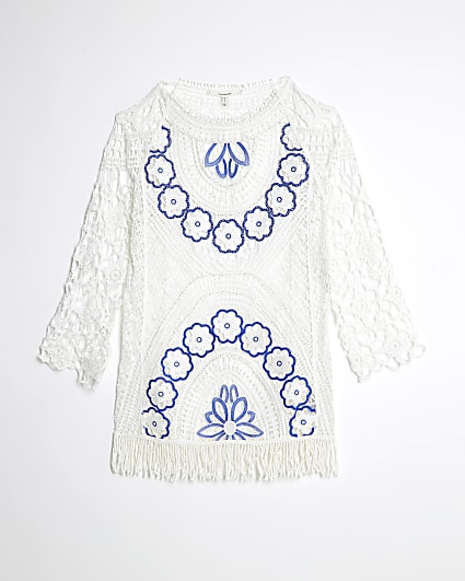 White Crochet Long Sleeve Mini Beach Dress