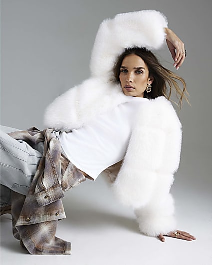Cream Faux Fur Cropped Panelled Coat
