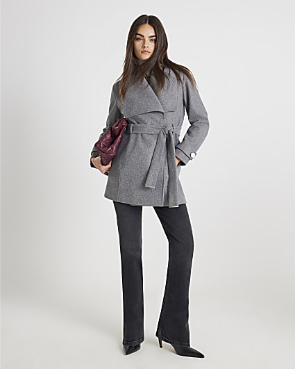 Grey Short Wide Collar Wrap Coat