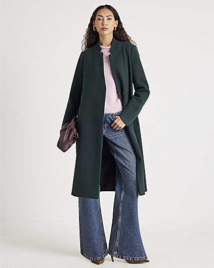Green Notch Collar Belted Wrap Coat