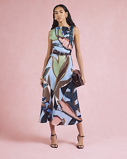 Blue Twist Shoulder Midi Dress