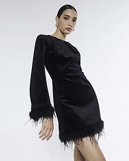 Black Velvet Long Sleeve Feather Trim Dress