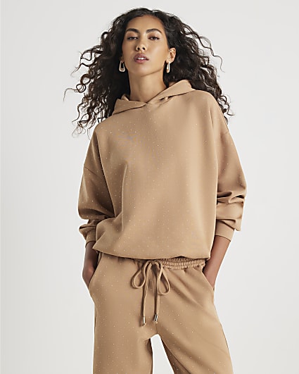 Beige Embellished Detail Hoodie