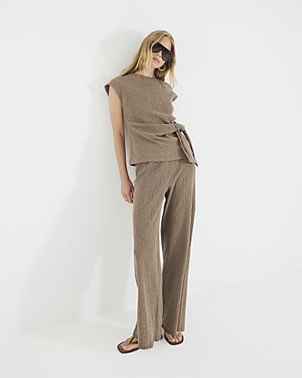 Brown Textured Wide Leg Trousers
