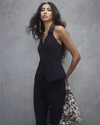 Black Halter Neck Tuxedo Top