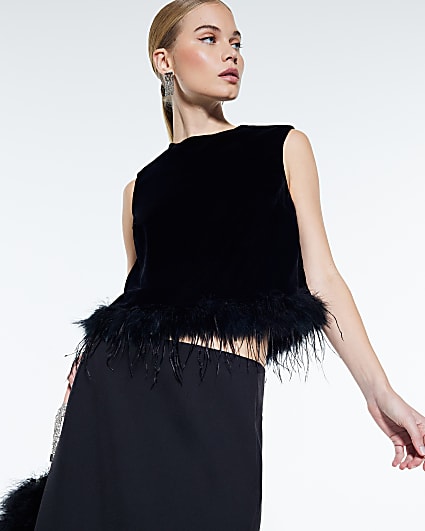 Black Velvet Sleeveless Feather Trim Top