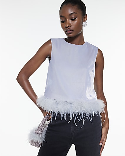 Blue Velvet Sleeveless Feather Trim Top