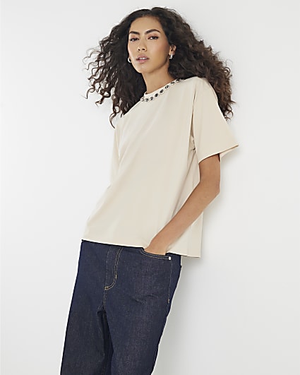 Cream Short Sleeve Twist Back T-shirt