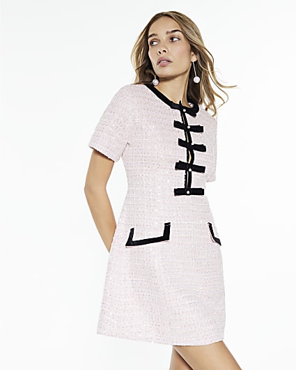 Pink Bow Front Boucle Mini Dress