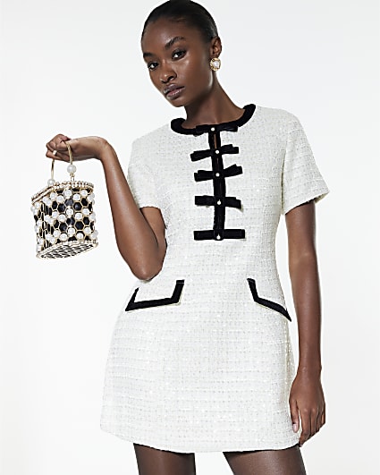 Cream Boucle Bow Front Mini Dress