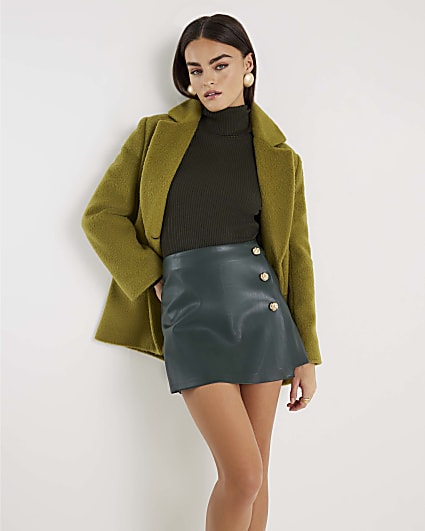 Green Faux Leather Asymmetric Skort