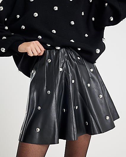 Black Faux Leather Studded Mini Skirt